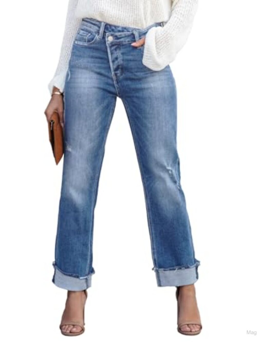 High Waisted Boyfriend Jeans Crossover Asymmetrical Distressed Stretch Denim